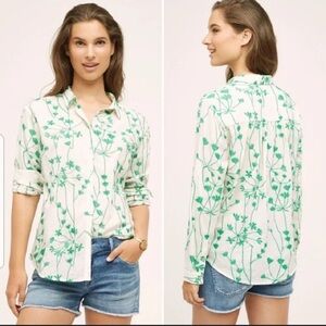 Anthropologie Holding Horses White and Green Embroidered Button-Up Shirt Sz. 10